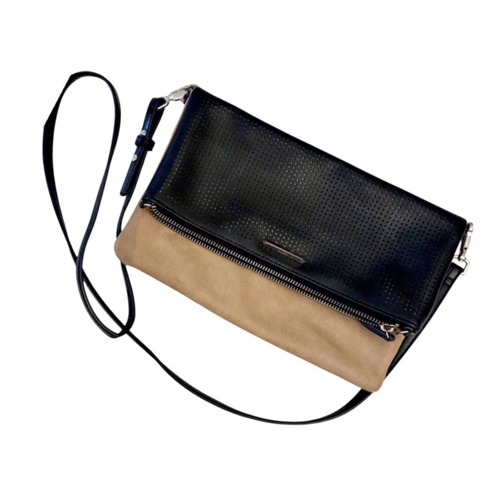 Stella & Dot Waverly Petite Crossbody Bag Black Tan Perforated 3-in-1 Clutch